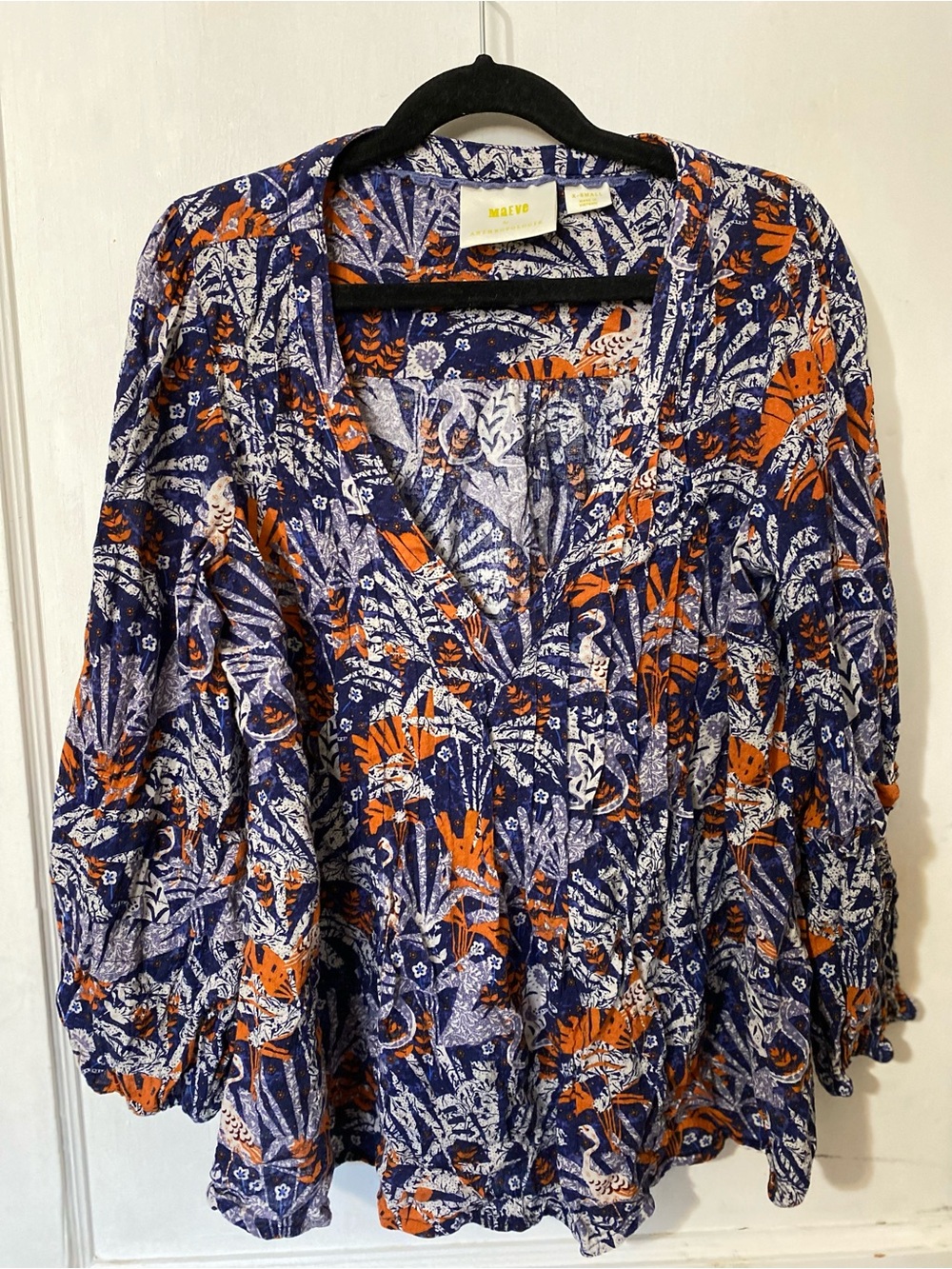 Maeve by Anthropologie Navy, Orange & White Floral Wrap-Style Blouse
